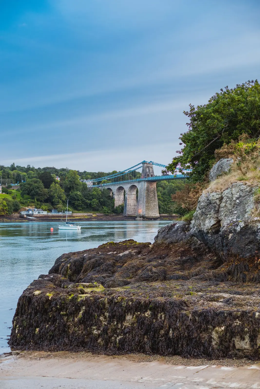 Menai Suspension Bridge across the strait beside Bangor