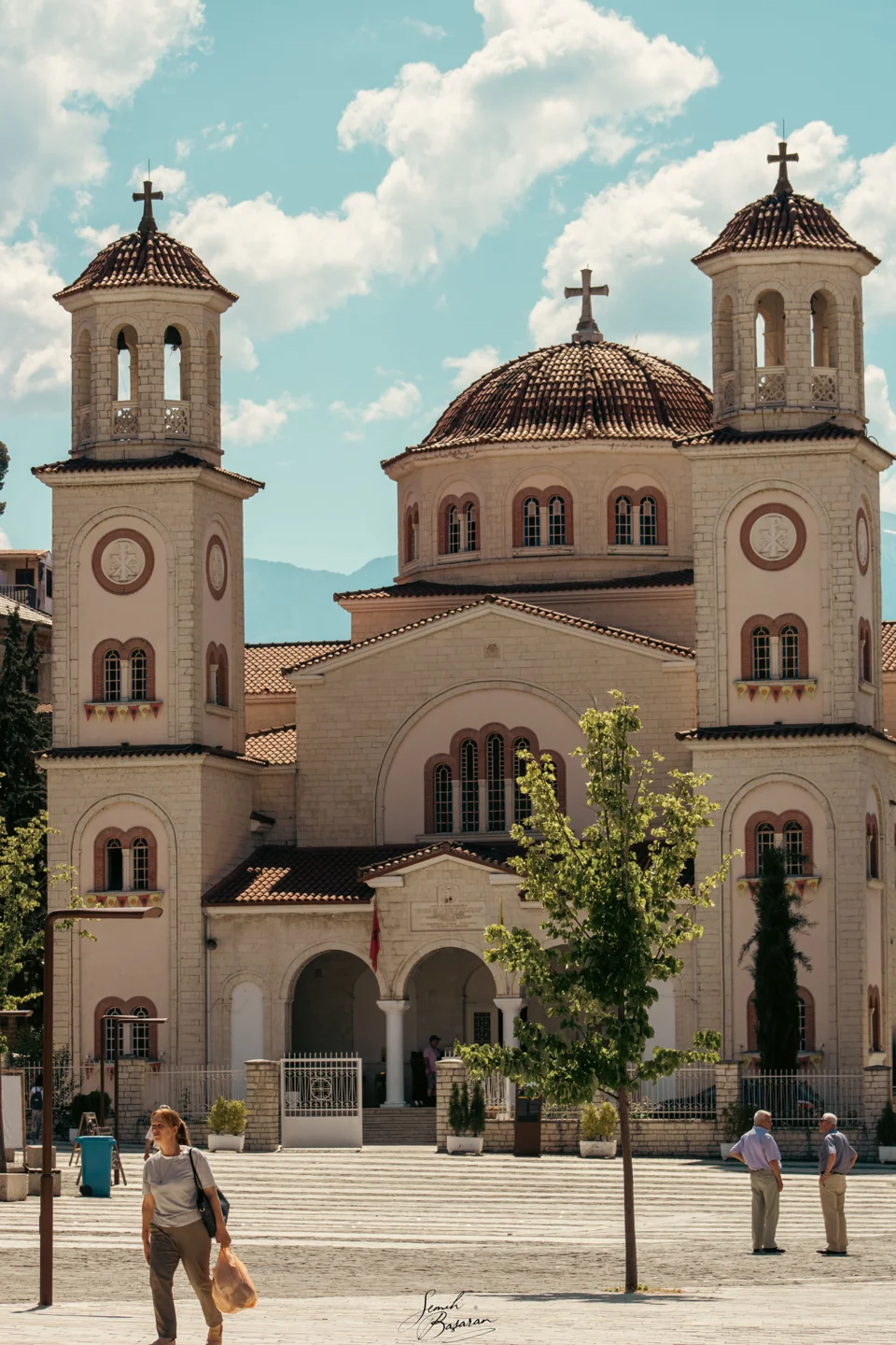 Saint Demetrios Cathedral in Berat with its dome, twin bell towers and entrance arches