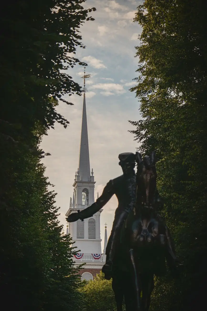 Paul Revere’s equestrian statue in the mall with Old North Church’s steeple behind it
