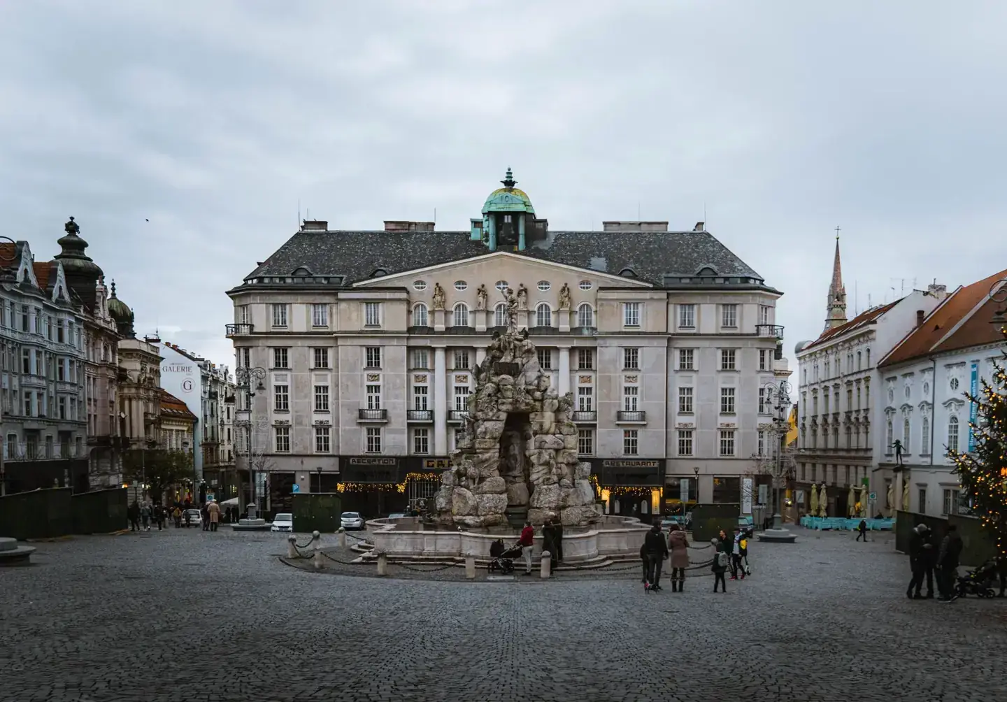 Parnas fountain and the buildings around Brno’s Zelný trh above the market-cellar district