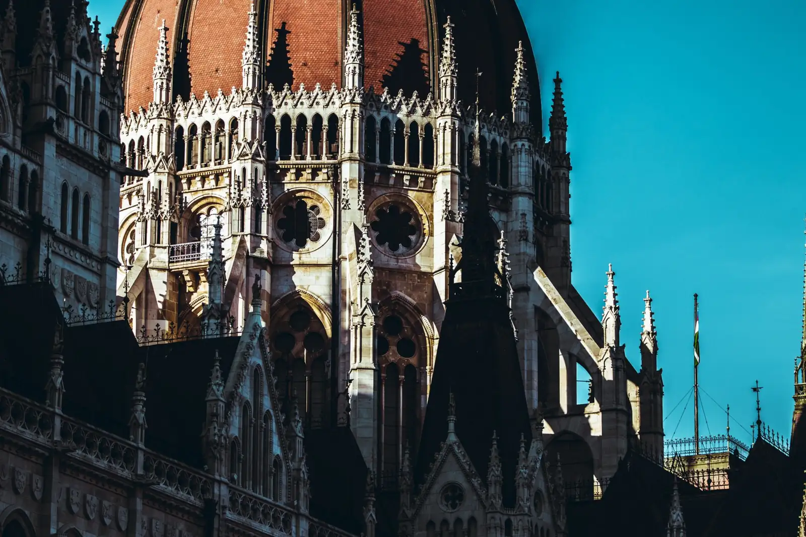 Gothic tracery and the red central dome of Budapest’s Hungarian Parliament