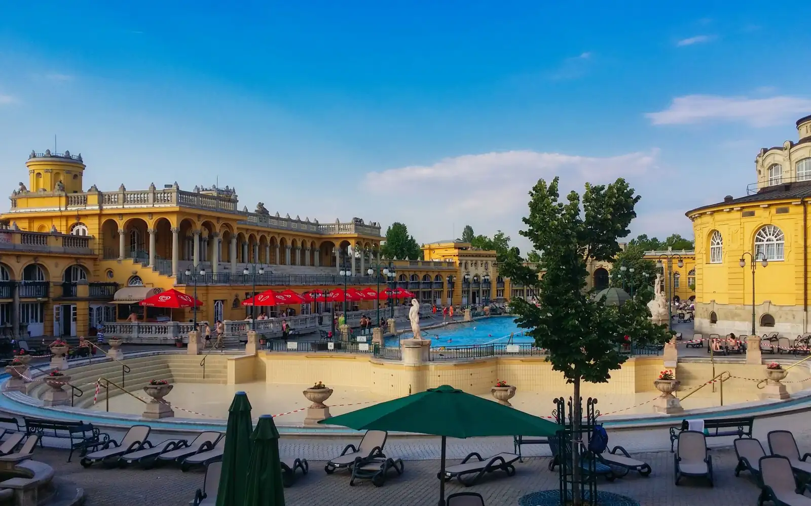 Széchenyi Thermal Bath’s outdoor pool court surrounded by yellow arcades
