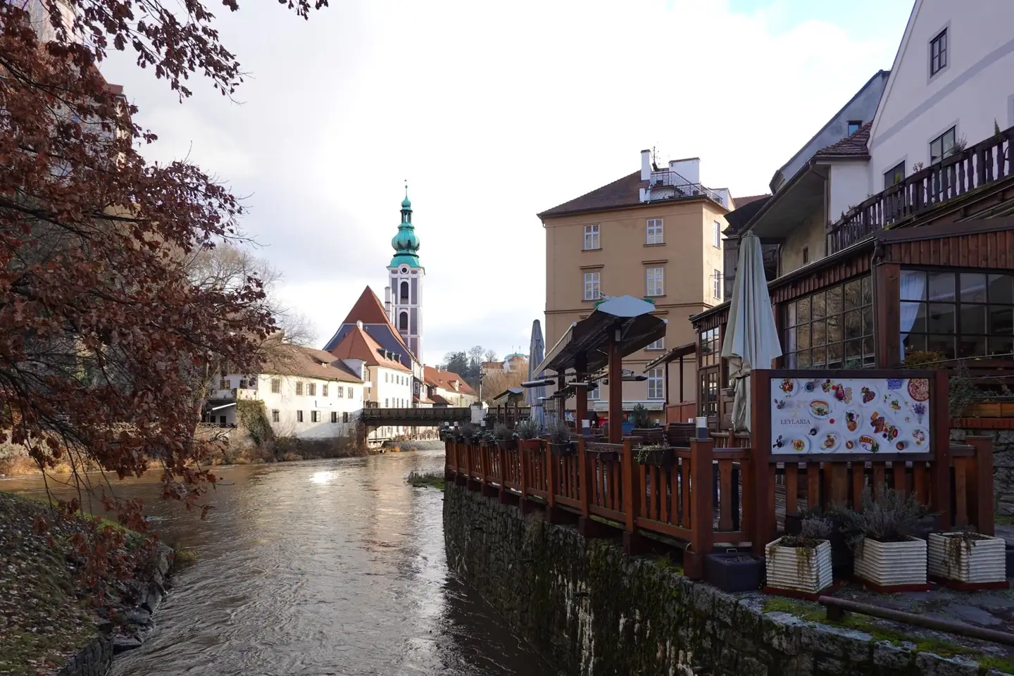 The former Saint Jošt Church and riverside buildings beside the Vltava in Český Krumlov