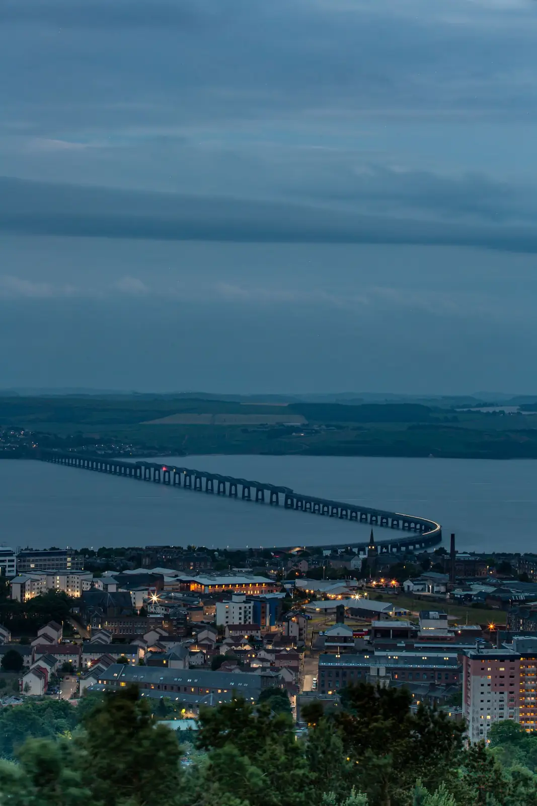Dundee waterfront and Tay Road Bridge at dusk