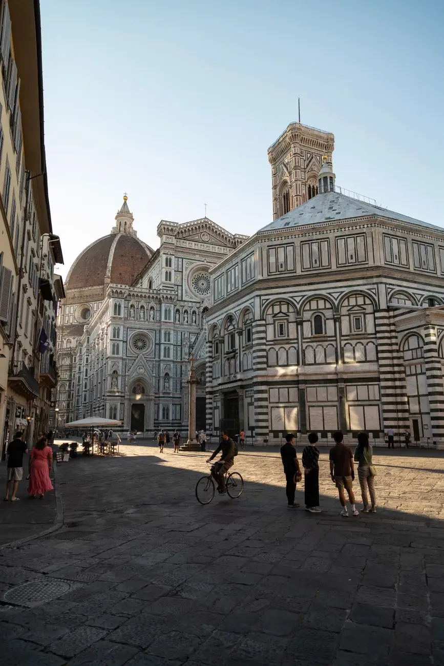 Florence Cathedral’s marble façade beside Giotto’s bell tower
