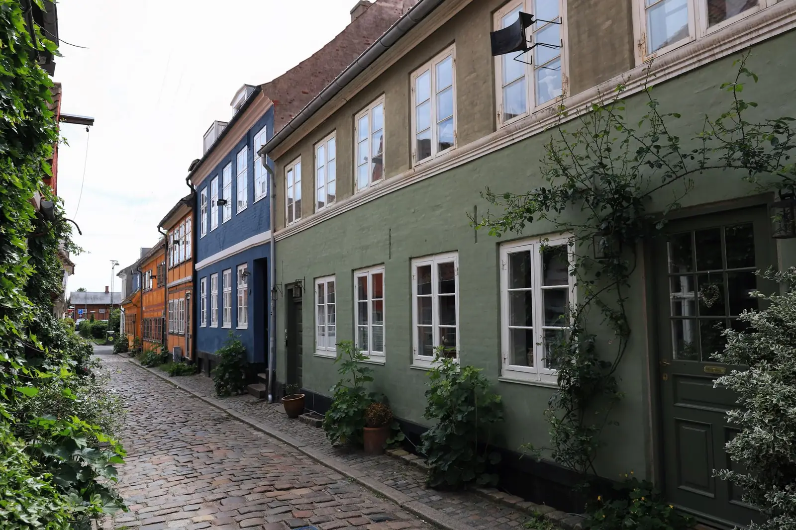 Historic houses along a cobbled Helsingør street