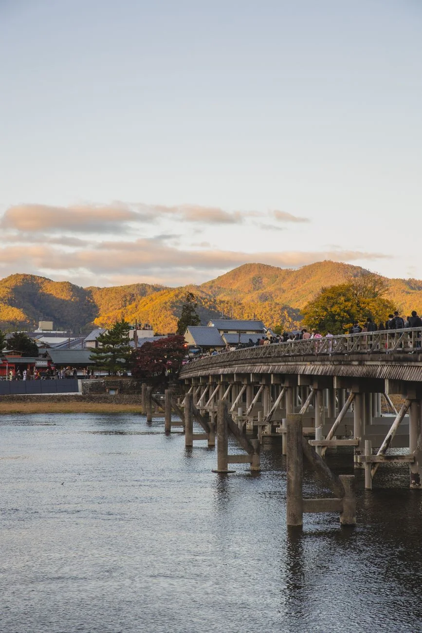 Togetsukyo Bridge crossing the river beneath Arashiyama’s wooded hills
