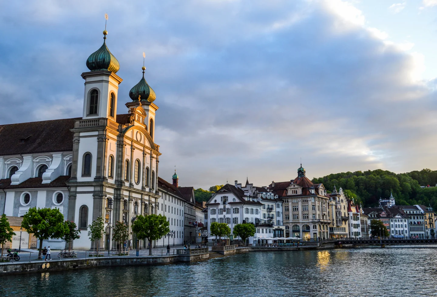 The twin onion-domed towers of Lucerne’s Jesuit Church above the Reuss