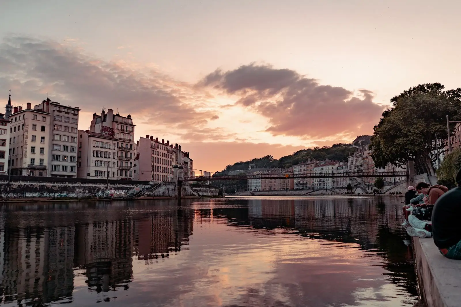 The Saône and Vieux Lyon riverfront at sunset