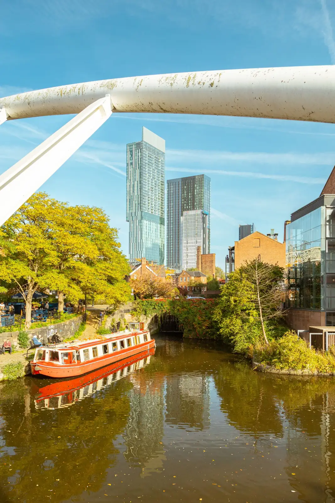Boats on a Castlefield canal below Manchester’s Beetham Tower