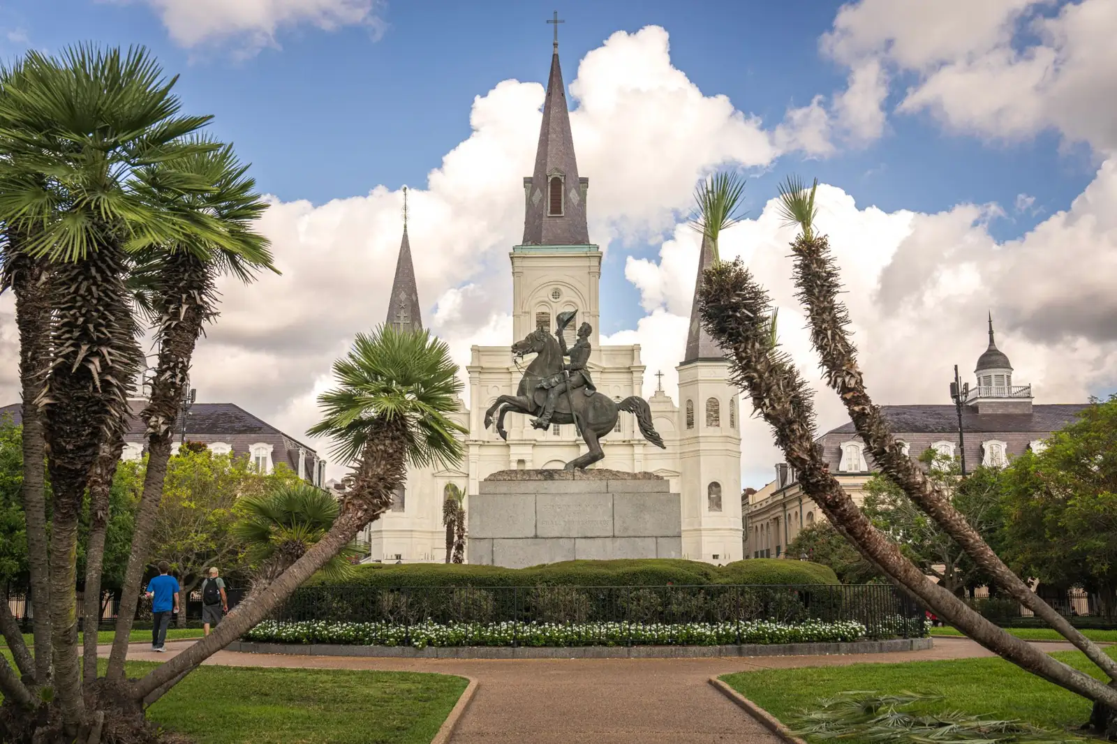 St. Louis Cathedral, the equestrian monument and palms in New Orleans Jackson Square