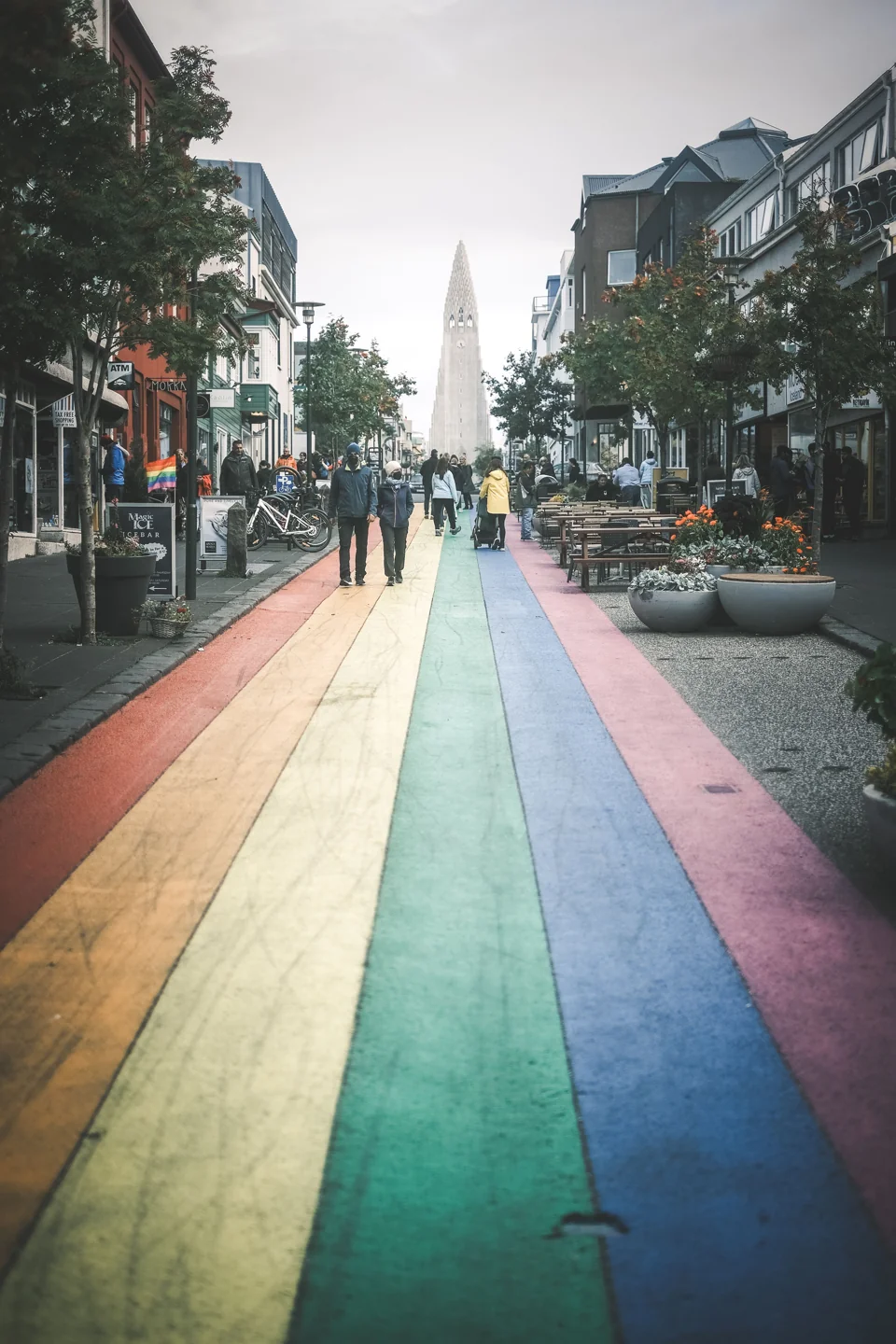 Reykjavík’s rainbow-painted Skólavörðustígur leading towards Hallgrímskirkja