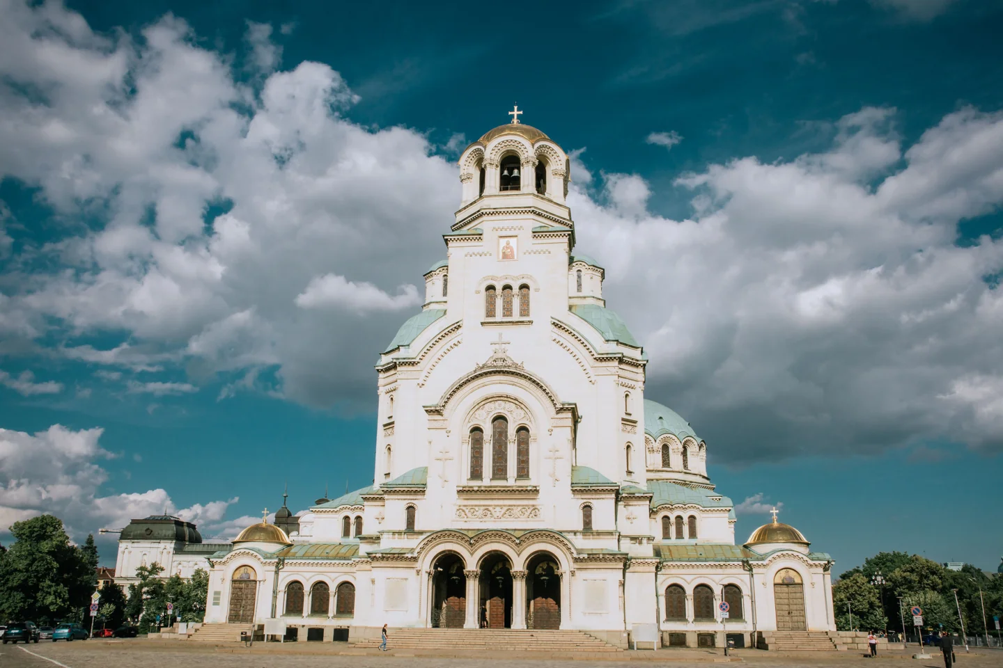 Alexander Nevsky Cathedral in Sofia seen across its forecourt beneath clouds