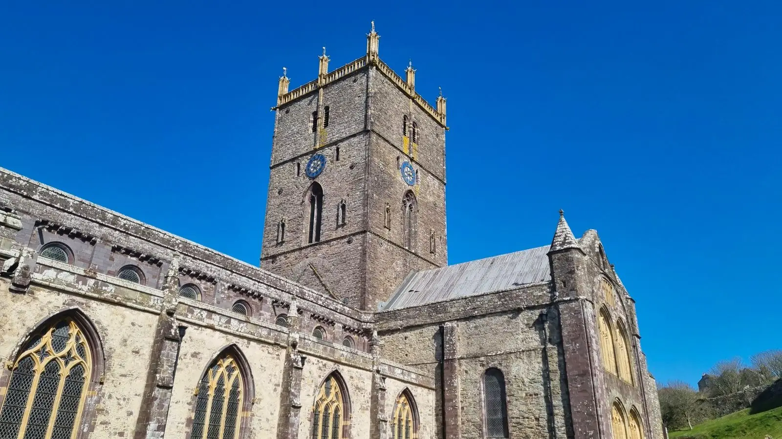 St Davids Cathedral’s stone tower and nave exterior