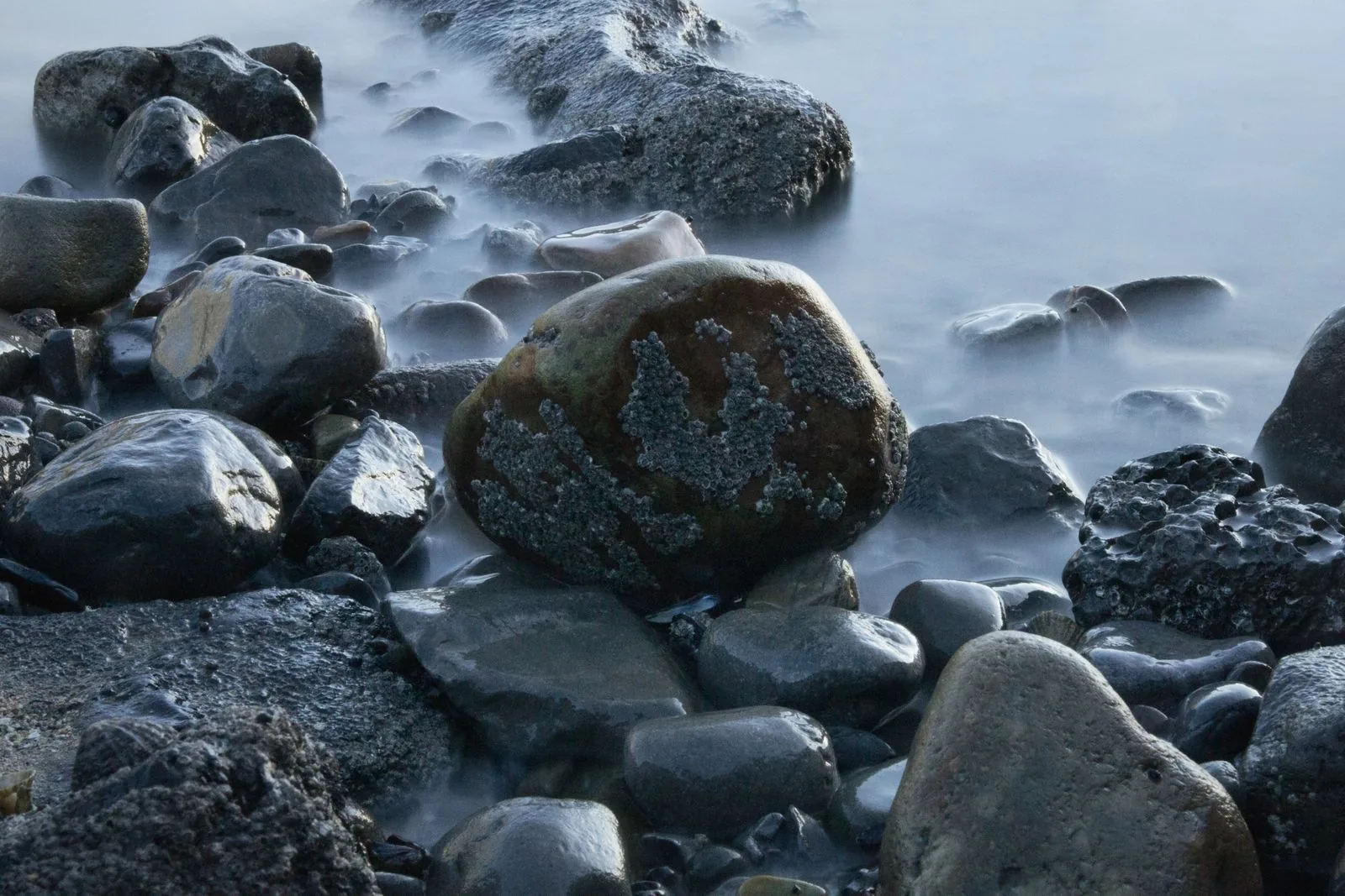 Wet rocks and mist along the shore at the Mumbles in Swansea