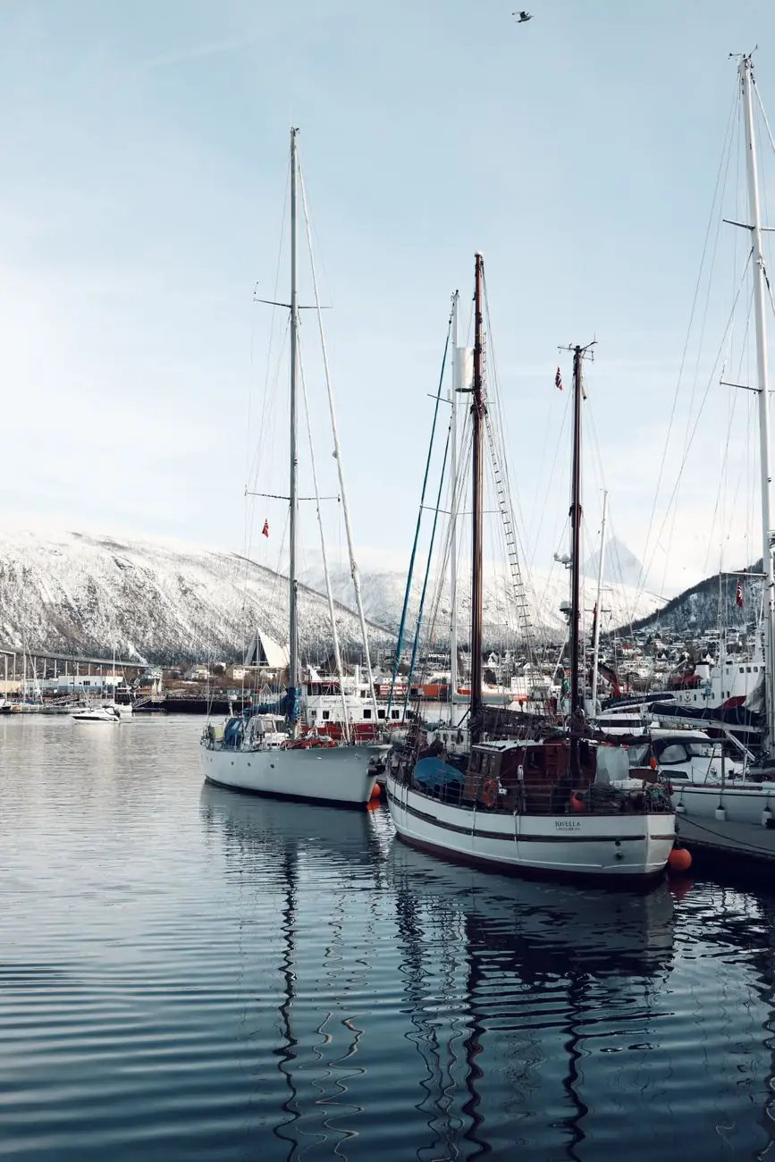 Boats in Tromsø’s harbour beneath snowy mountains