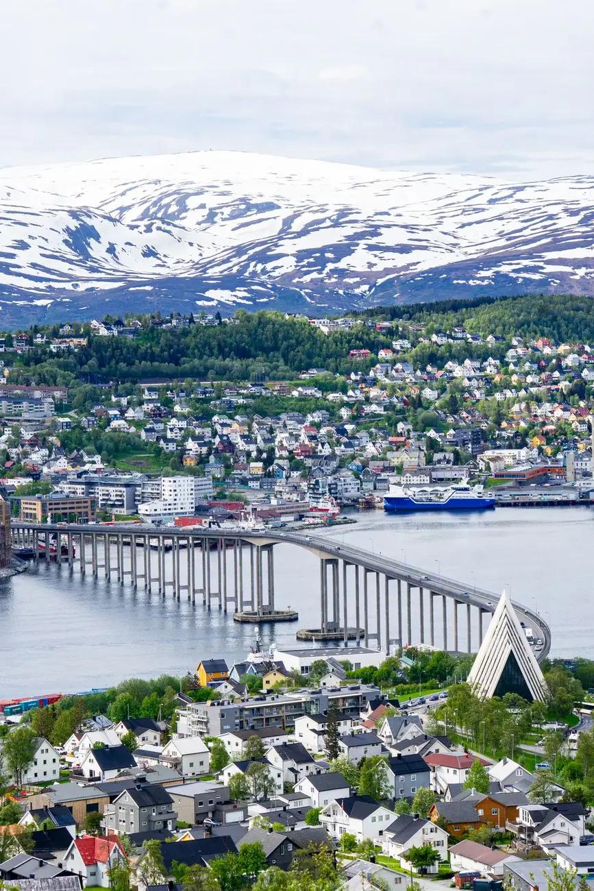 Tromsø Bridge and the Arctic Cathedral below the mountains