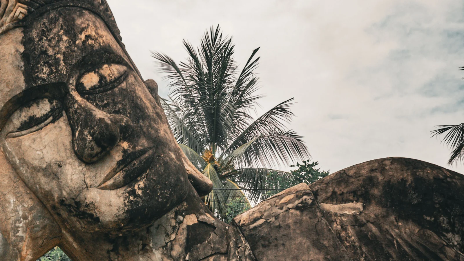 Close view of the reclining Buddha’s face and shoulder beside palm trees at Xieng Khuan Buddha Park near Vientiane.