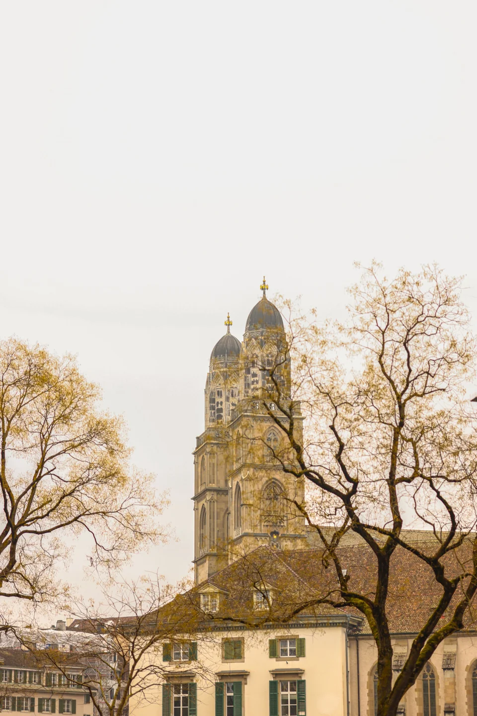 Zürich’s twin Grossmünster towers framed by autumn trees