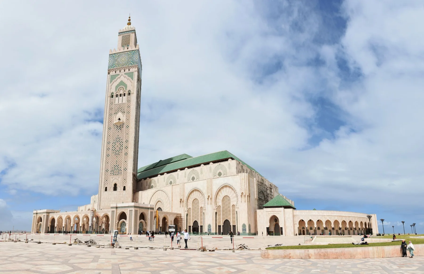 Hassan II Mosque with its green-roofed prayer hall and decorated minaret in Casablanca