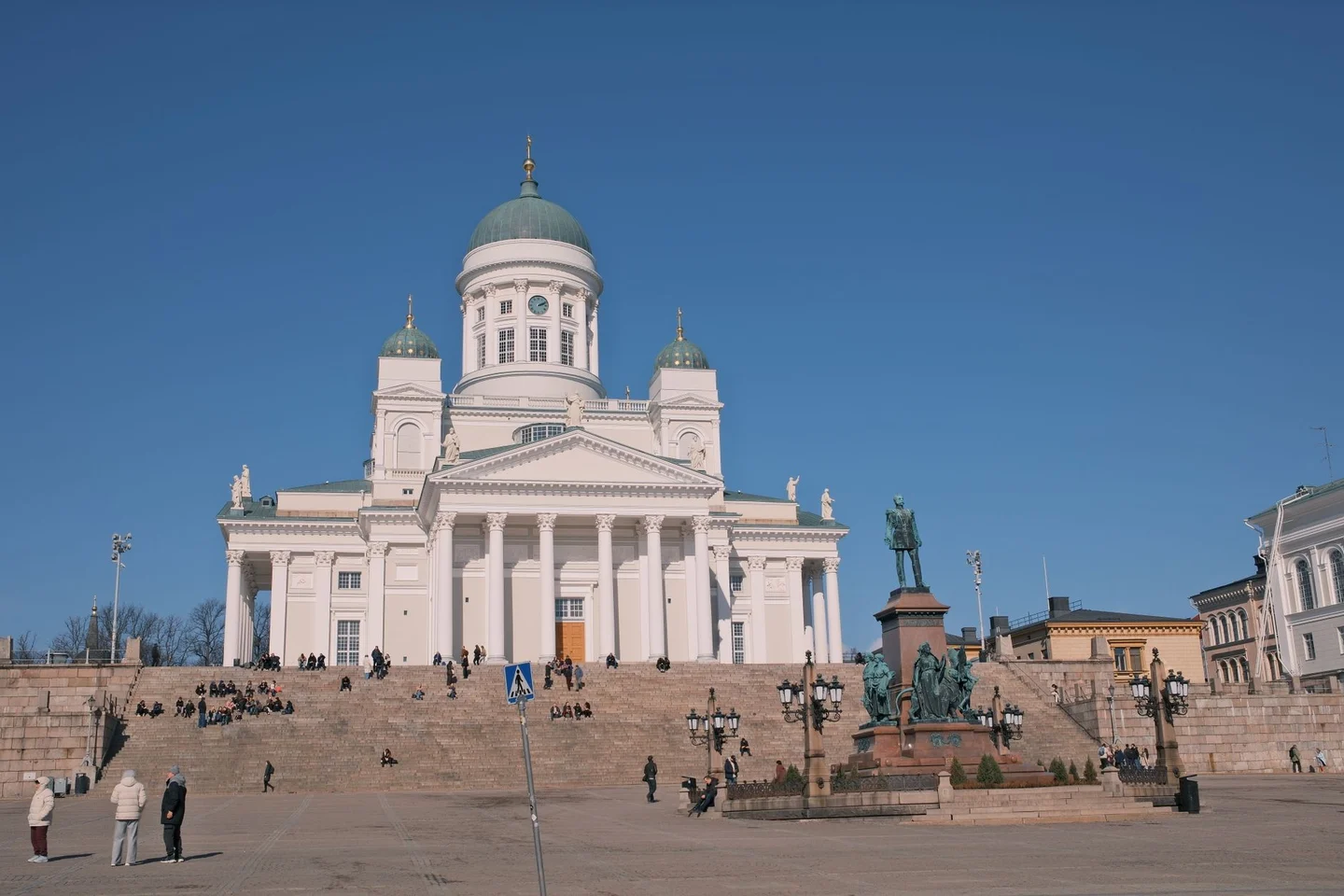 Helsinki Cathedral above the steps and Alexander II statue in Senate Square