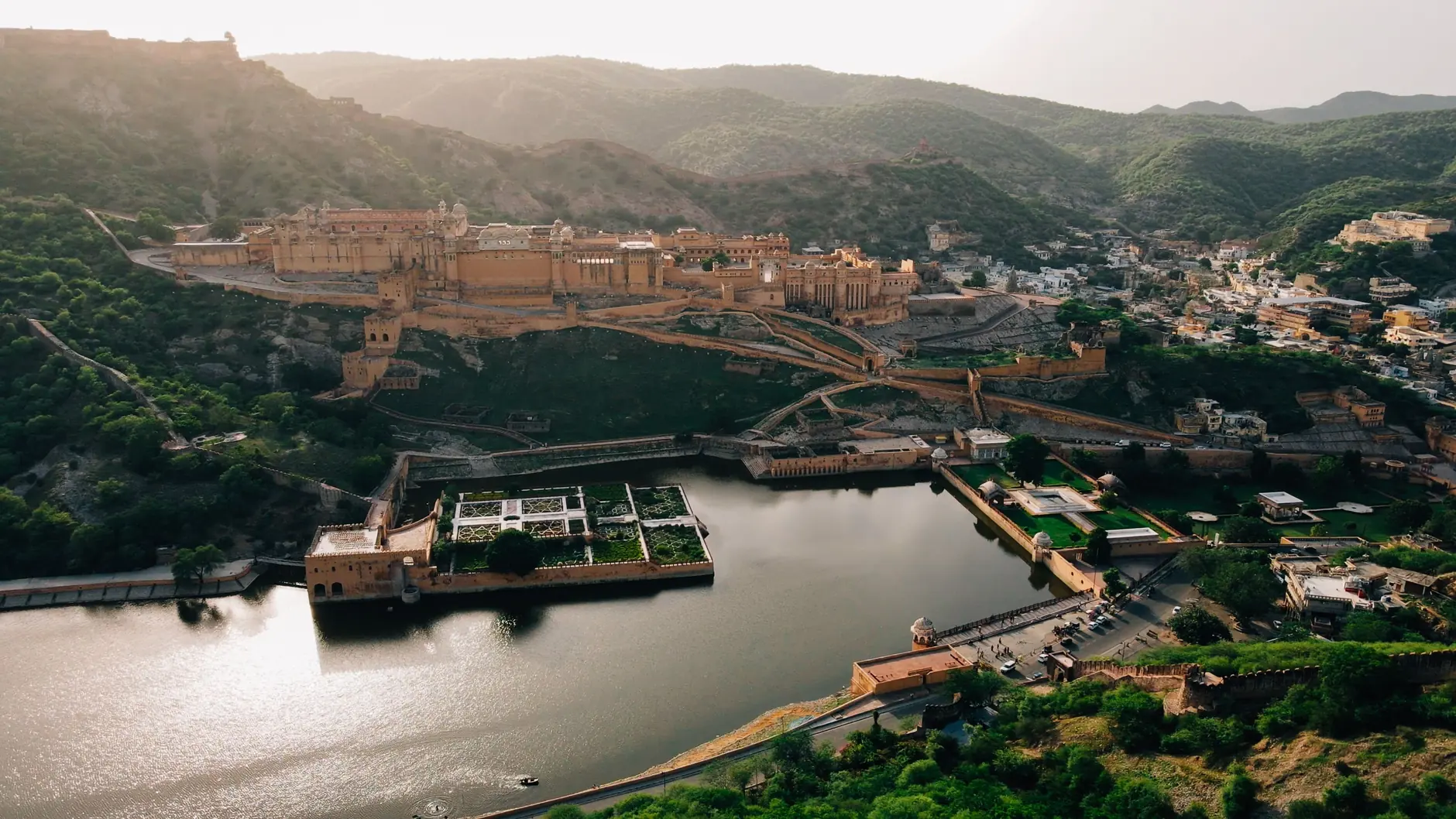 Amer Fort, Maota Lake and the surrounding Aravalli hills on Jaipur’s outskirts