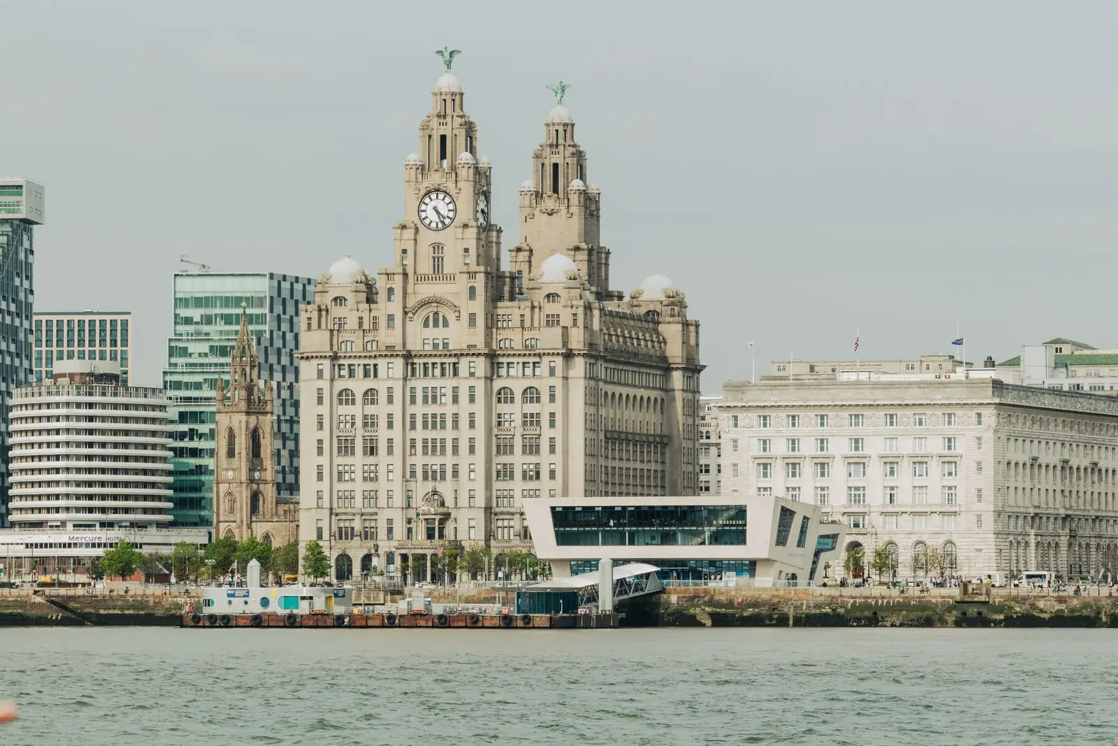 Royal Liver Building and neighbouring waterfront buildings seen across the Mersey