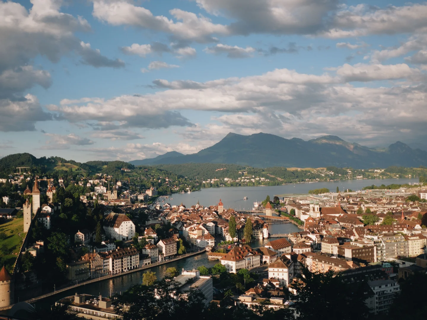 Lucerne seen from above, with the old town, fortifications and Lake Lucerne beyond