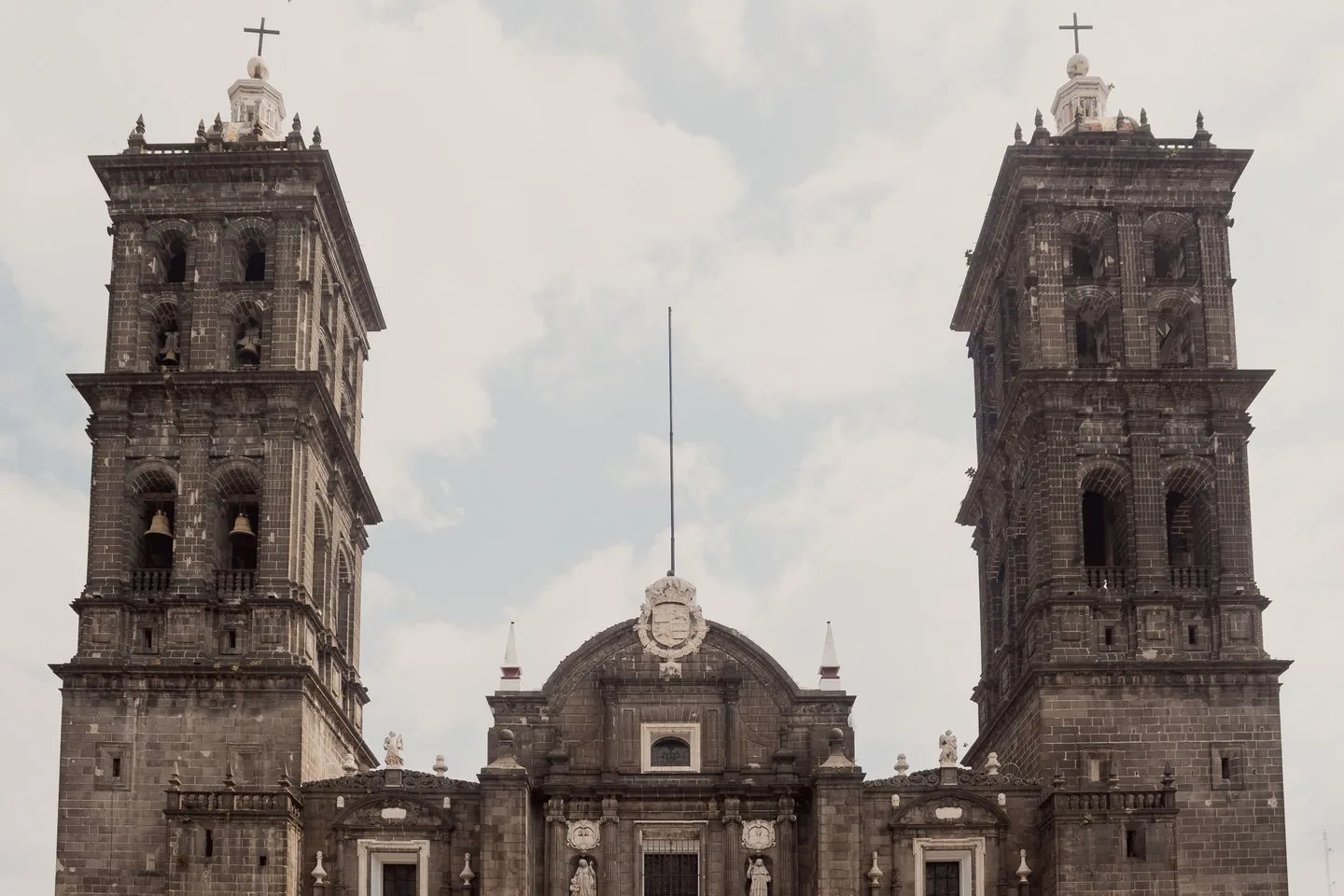Twin towers and main facade of Puebla Cathedral