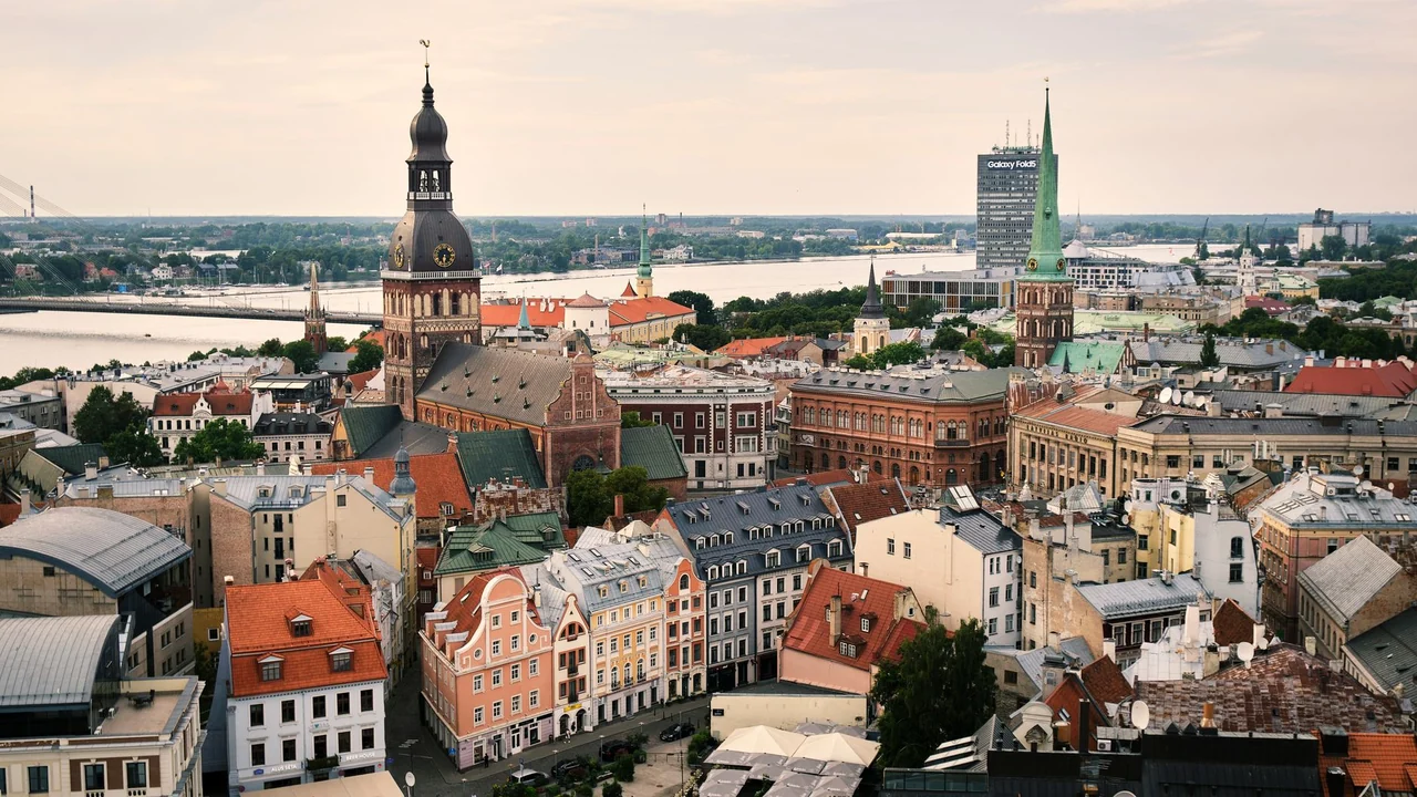 Riga Cathedral and Old Town rooftops above the Daugava River