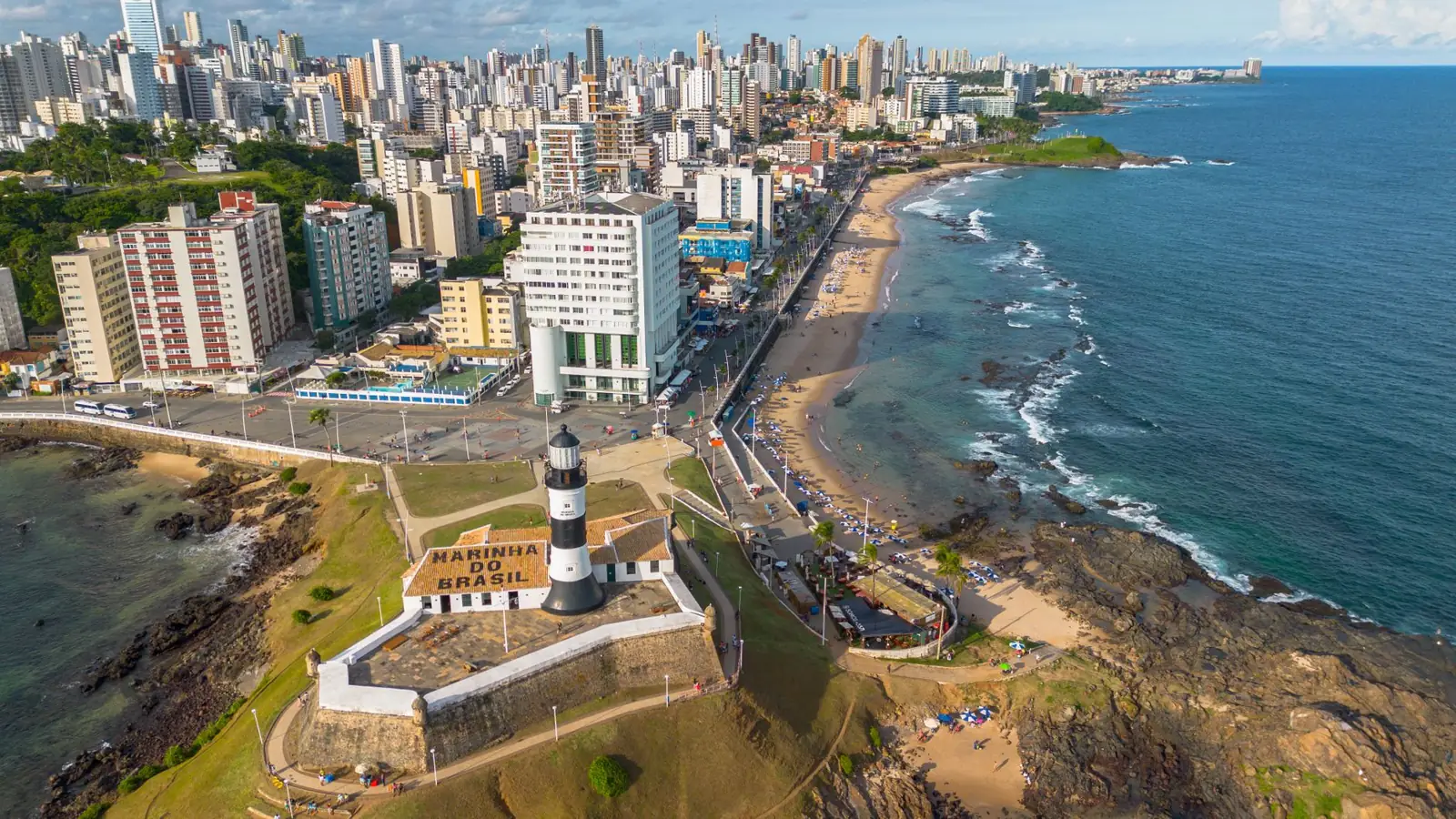 Farol da Barra and the coastal promenade of Salvador viewed from above