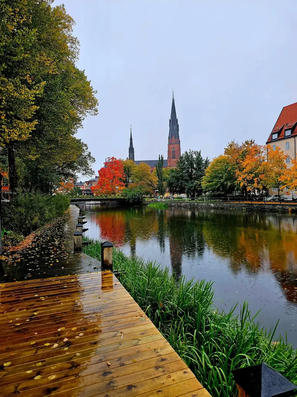 Uppsala Cathedral towers reflected in the Fyris River