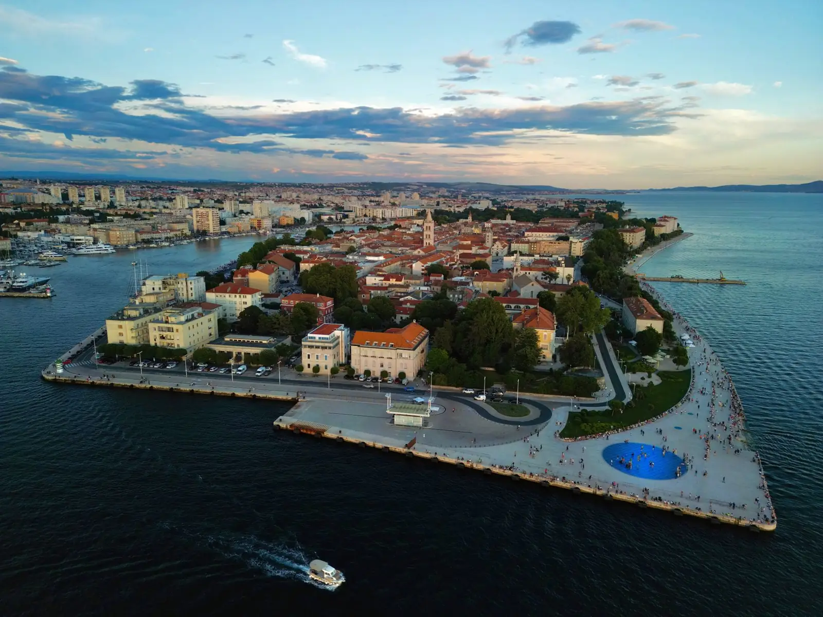 Zadar’s historic peninsula with the circular Greeting to the Sun installation beside the sea