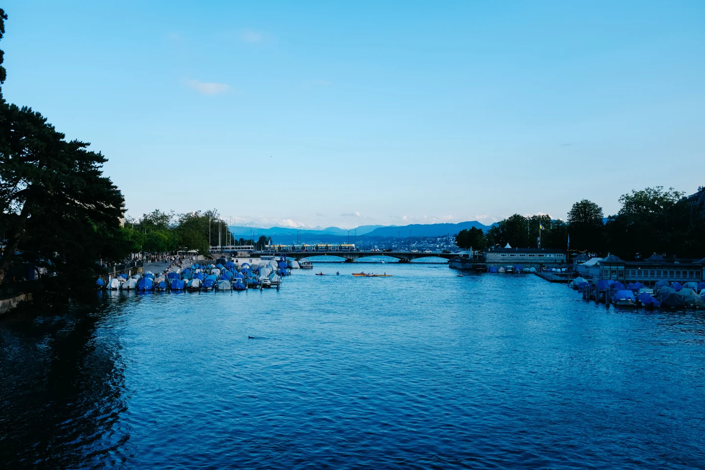 Blue water at the Limmat’s lake outlet in Zürich, with bridges and the lake beyond
