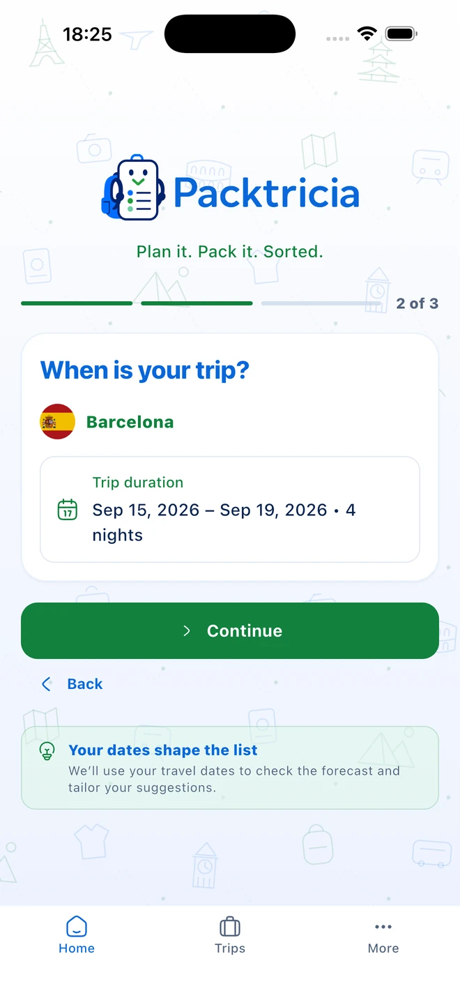 Packtricia trip dates screen
