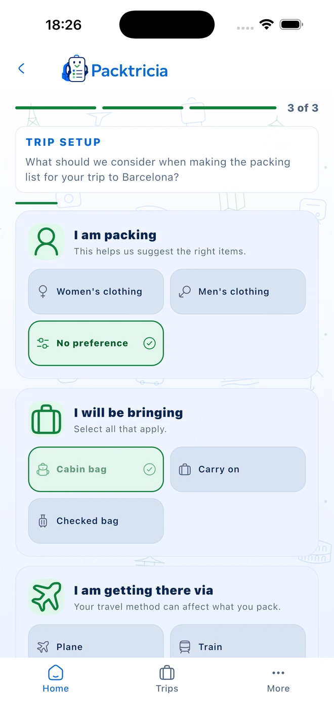 Packtricia trip preferences screen