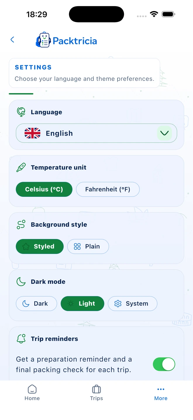 Packtricia settings screen