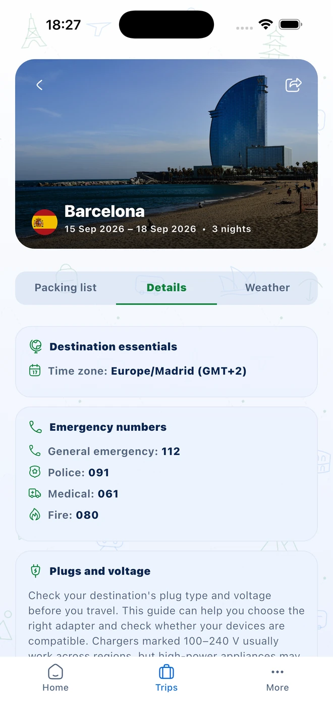 Packtricia trip details screen